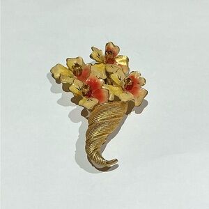 Vintage Gold Tone Flower Bouquet Brooch - Yellow and Coral Floral Pin